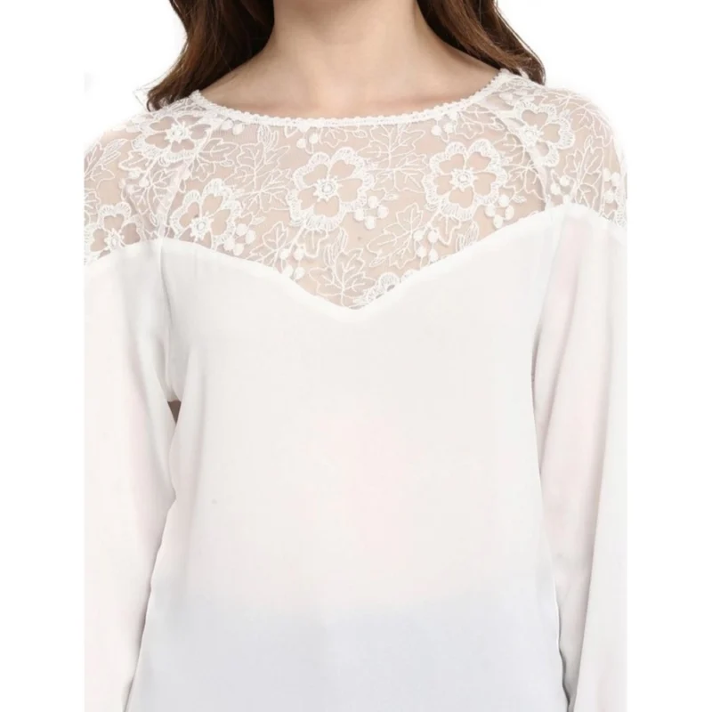 Generic Women's Polyester Georgette Self Design 3-4th Sleeves Regular Top (White) - Image 2
