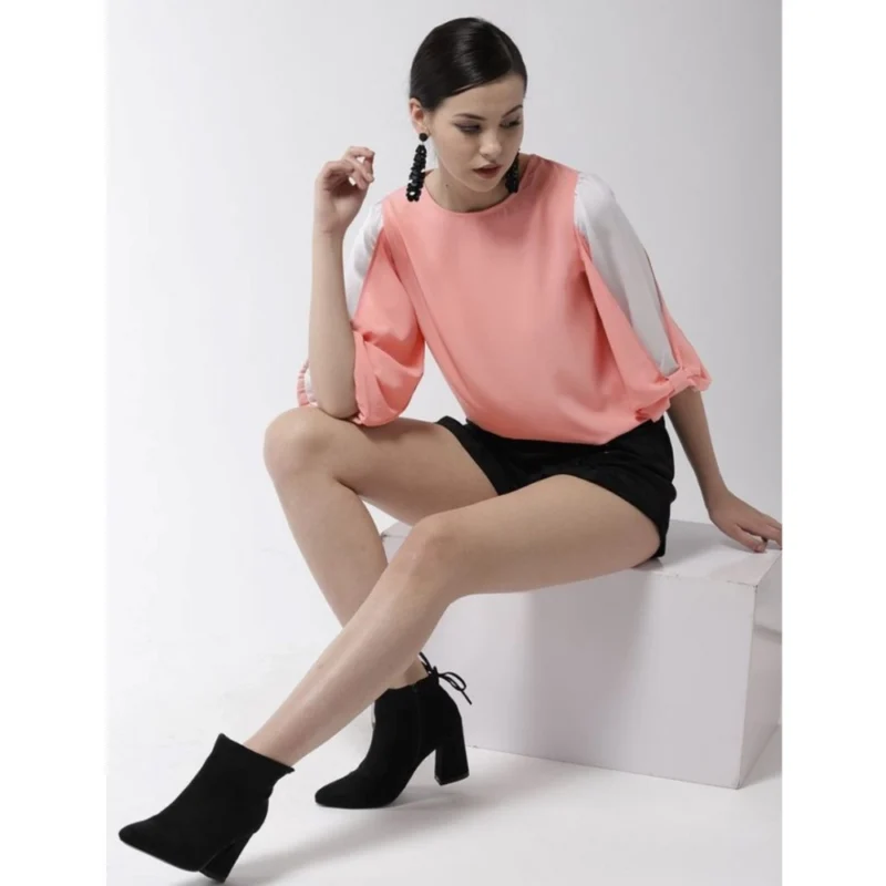 Generic Women's Polyester Colour Block Slit Sleeve Top (Pink) - Image 5
