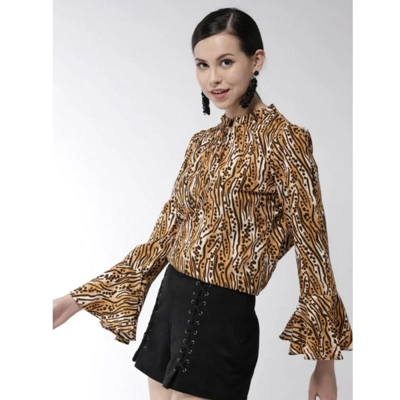 Generic Women's Polyester Printed Bell Sleeve Top (Orange - Black) - Image 3