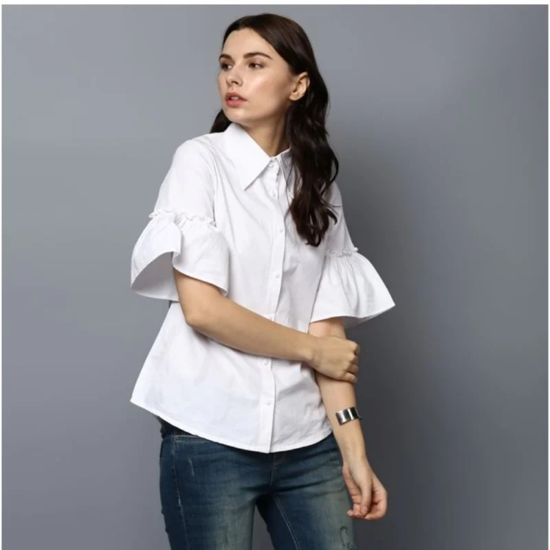 Generic Women's Cotton Solid Bell Sleeve Top (White) - Image 4