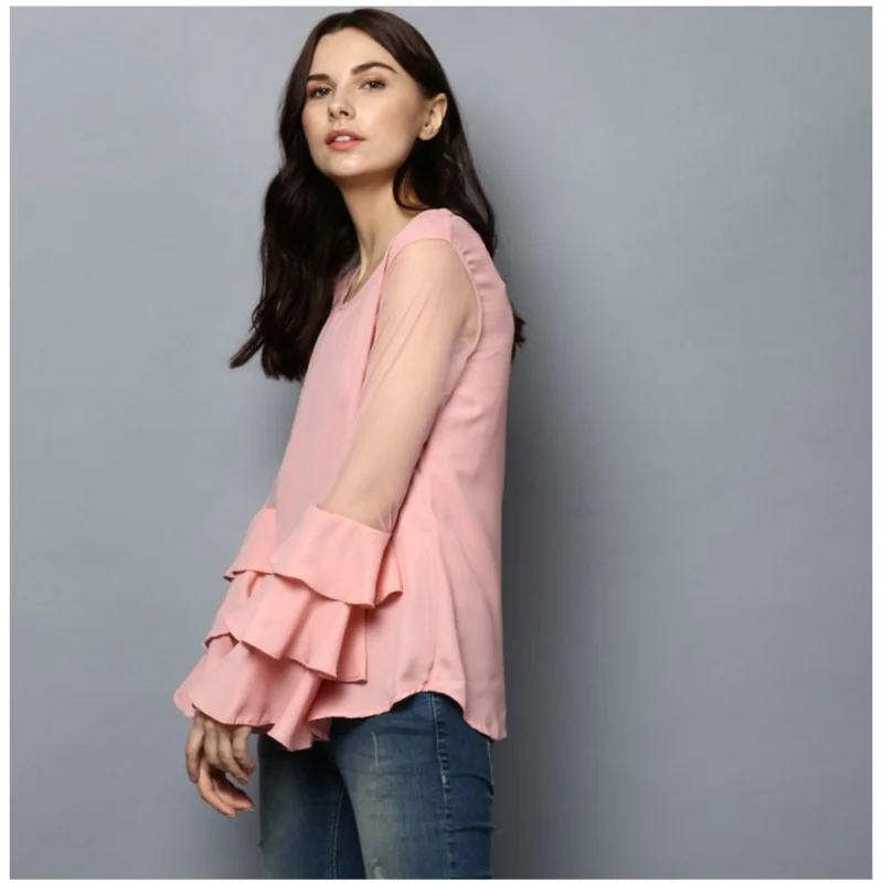 Generic Women's Polyester Solid Tier Sleeve Top (Pink) - Image 3