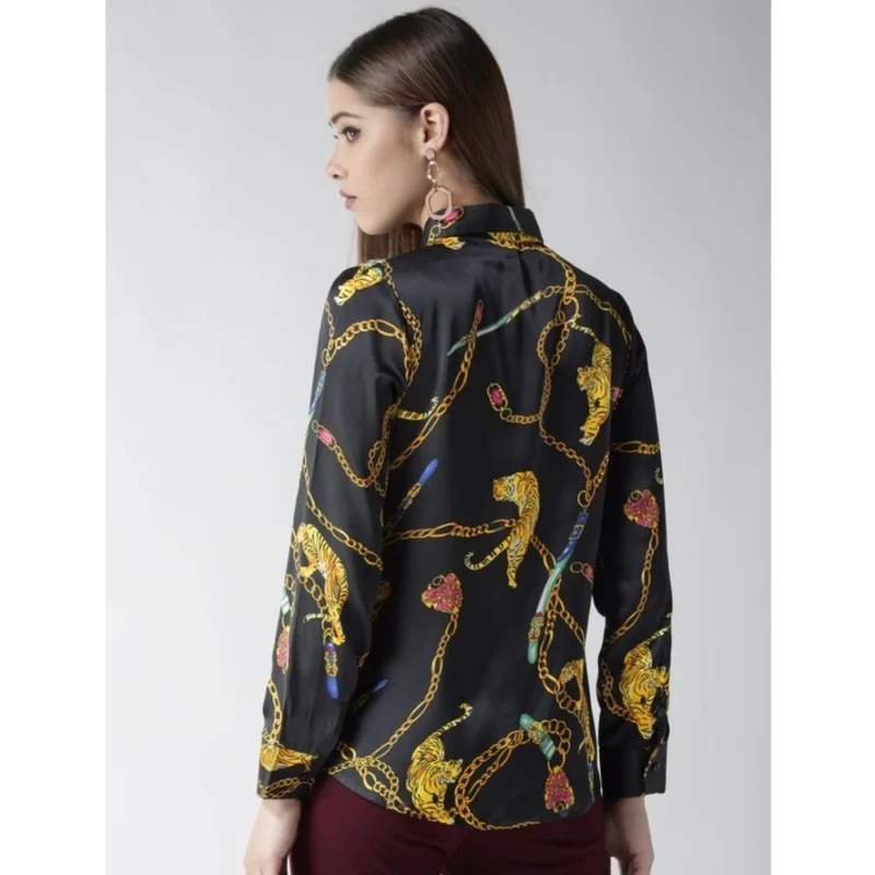 Generic Women's Satin Printed Long Sleeves Standard Length Shirt (Black - Gold) - Image 6