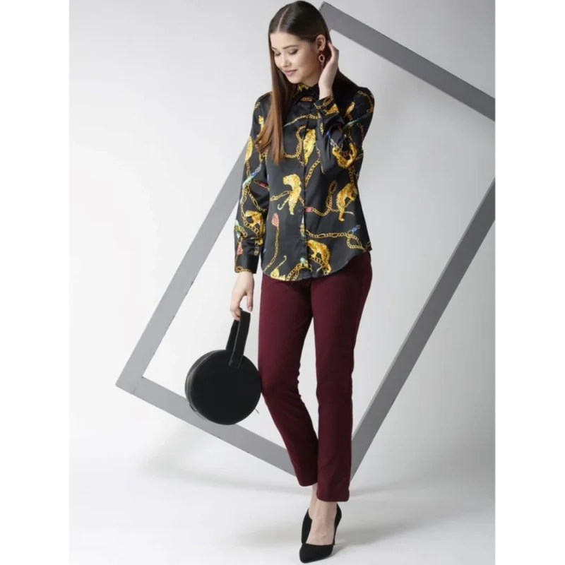 Generic Women's Satin Printed Long Sleeves Standard Length Shirt (Black - Gold) - Image 5