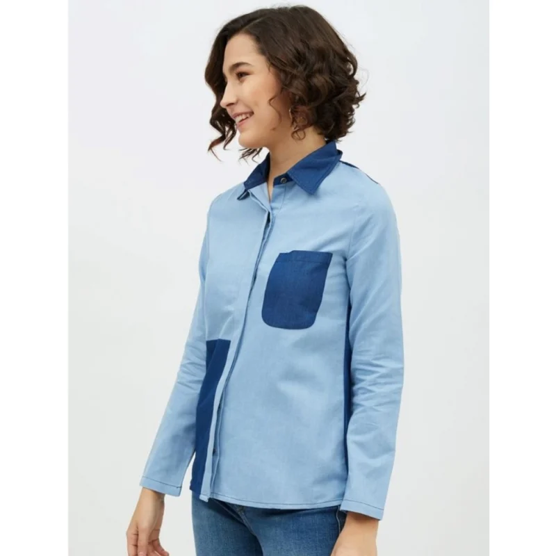Generic Women's Denim Patch Work Long Sleeves Standard Length Shirt (Blue) - Image 3