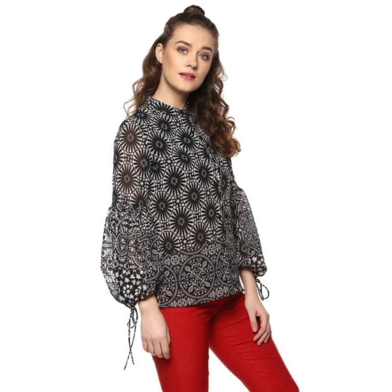 Generic Women's Polyester Printed Balloon Sleeve Top (Black - White) - Image 4