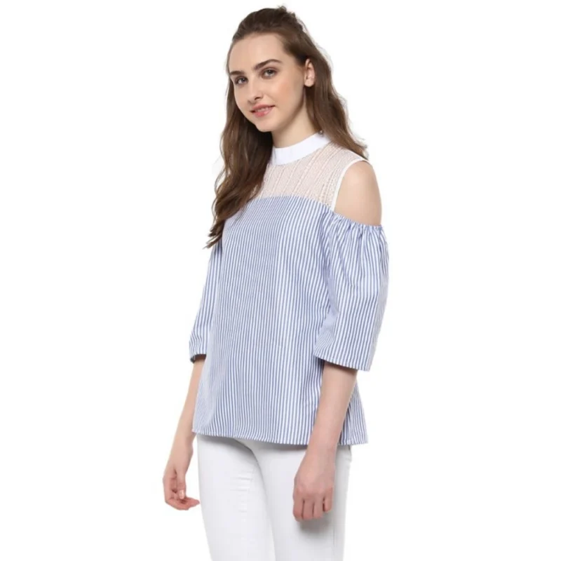 Generic Women's Cotton Striped Cold Shoulder Top (Blue) - Image 3
