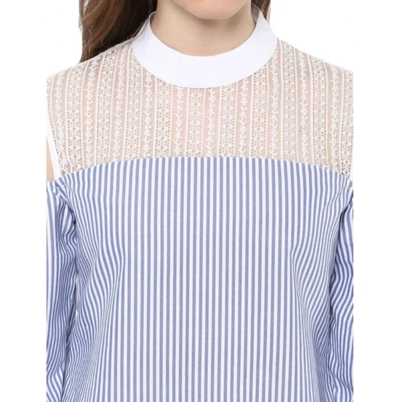 Generic Women's Cotton Striped Cold Shoulder Top (Blue) - Image 2