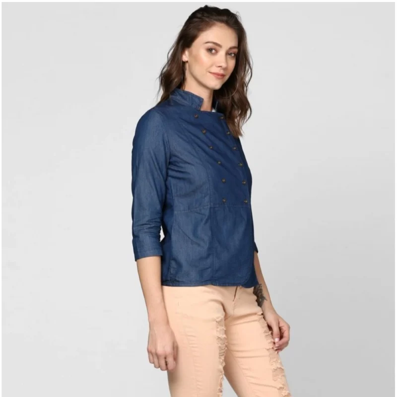 Generic Women's Denim Solid 3-4th Sleeves Top (Blue) - Image 2