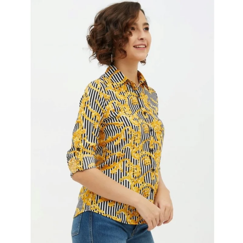 Generic Women's Polyester Printed Roll Up Sleeve Standard Length Shirt (Mustared) - Image 4