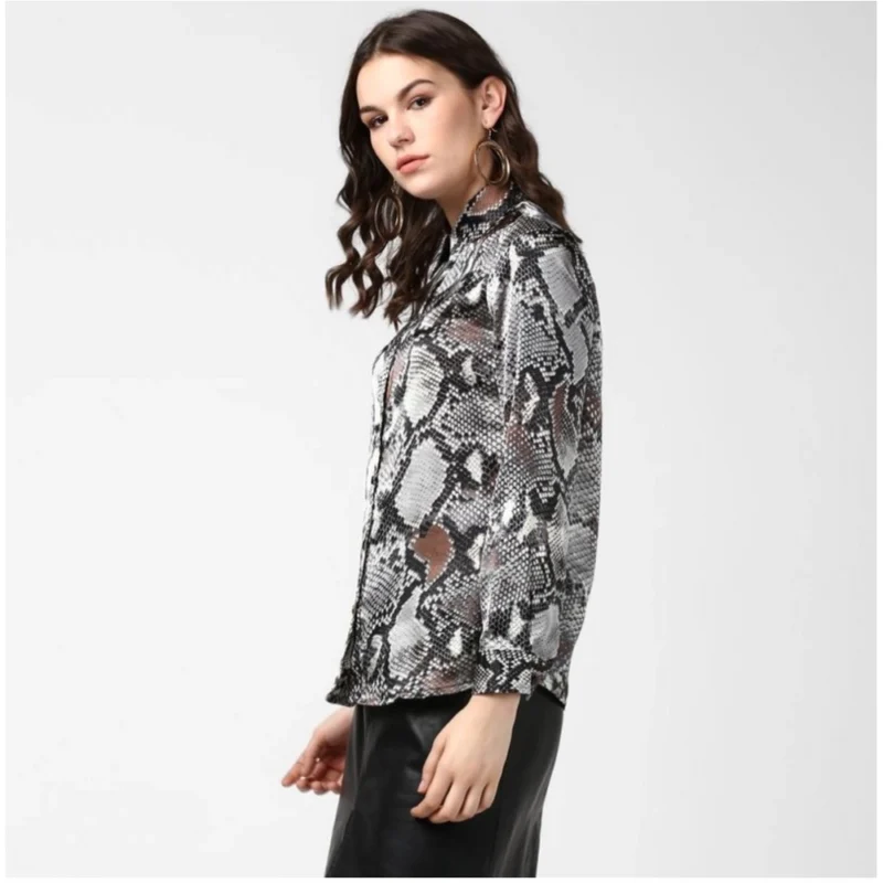 Generic Women's Satin Animal Print Long Sleeves Standard Length Shirt (Black - Grey) - Image 3