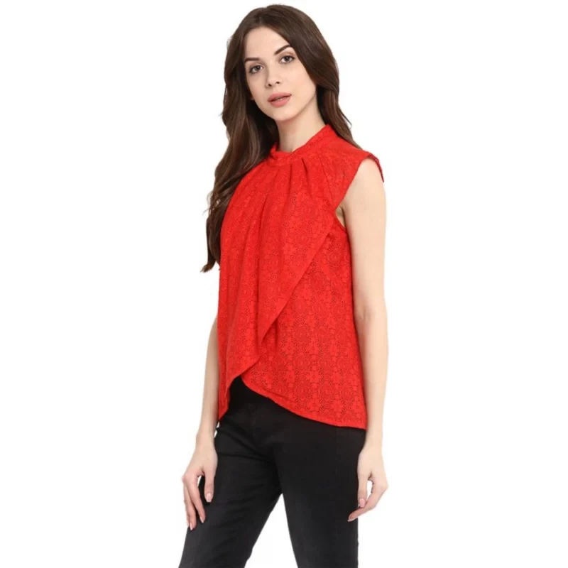 Generic Women's Cotton Lace Embellished Cap Sleeve Regular Top (Red) - Image 3