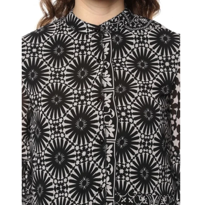 Generic Women's Polyester Printed Balloon Sleeve Top (Black - White) - Image 2