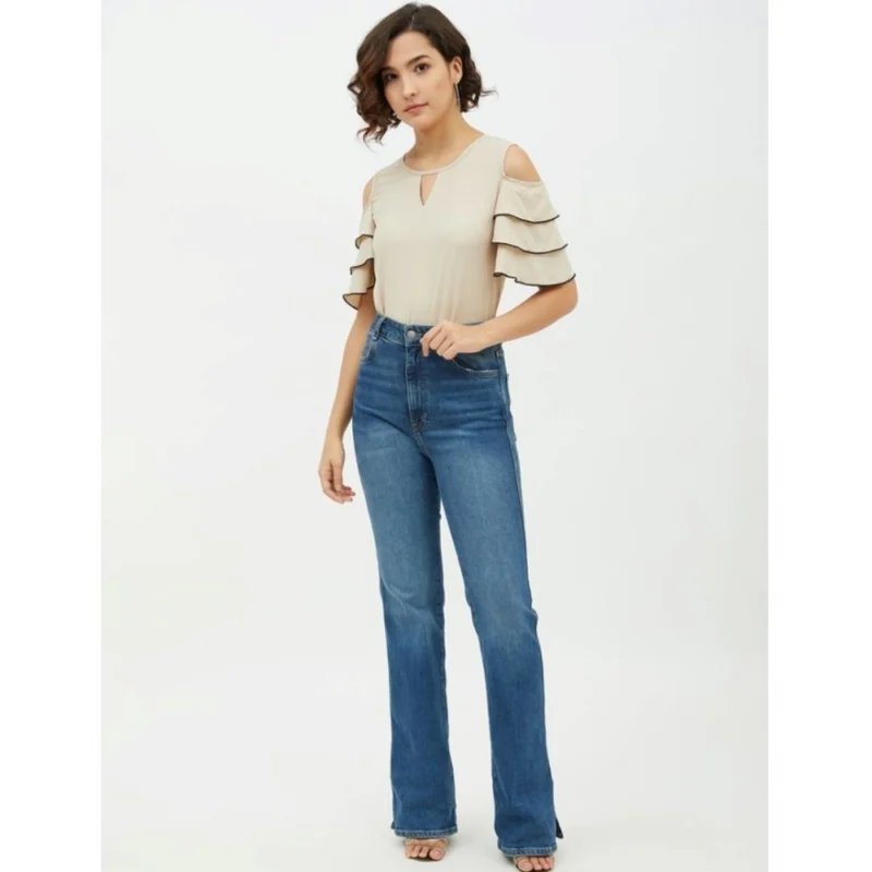 Generic Women's Polyester Tiered Cold Shoulder Top (Beige) - Image 6