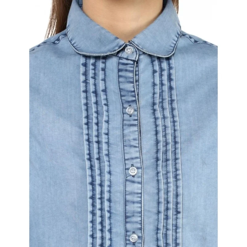 Generic Women's Denim Solid 3-4th Sleeves Standard Length Shirt (Blue) - Image 2