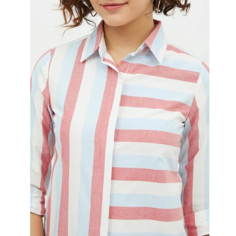 Generic Women's Cotton Striped Long Sleeves Standard Length Shirt (Pink) - Image 2