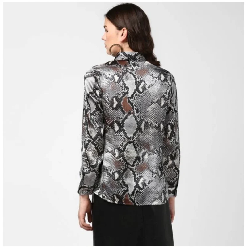 Generic Women's Satin Animal Print Long Sleeves Standard Length Shirt (Black - Grey) - Image 7