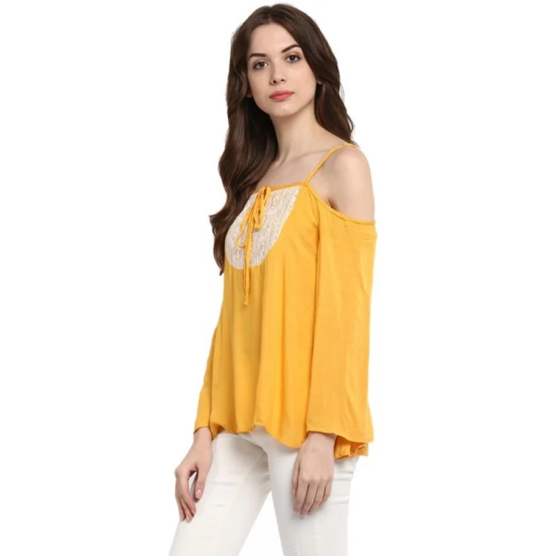 Generic Women's Rayon Embellished Cold Shoulder Regular Top (Mustard Yellow) - Image 3