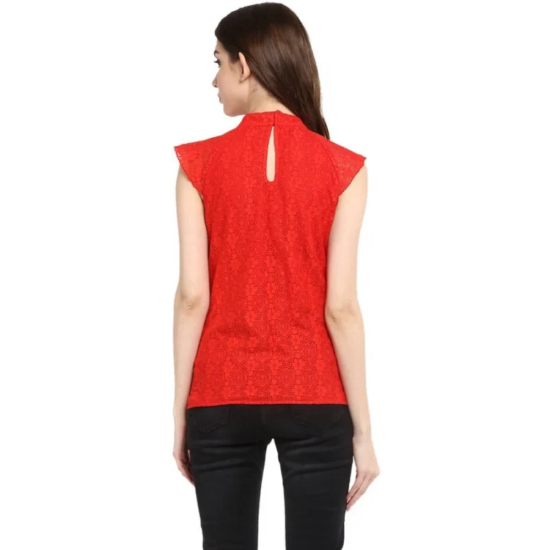 Generic Women's Cotton Lace Embellished Cap Sleeve Regular Top (Red) - Image 7