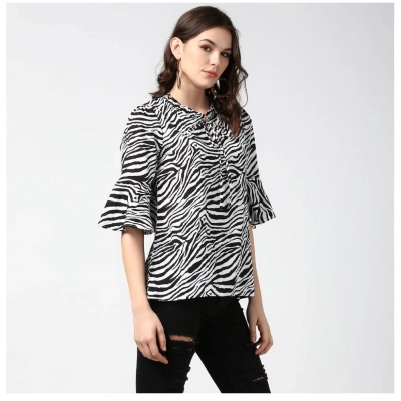 Generic Women's Polyester Animal Print Bell Sleeve Top (Black - White) - Image 4
