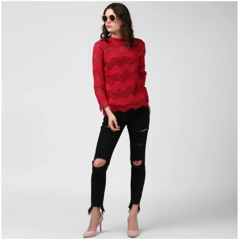 Generic Women's Cotton Self Design Long Sleeves Top (Maroon) - Image 6