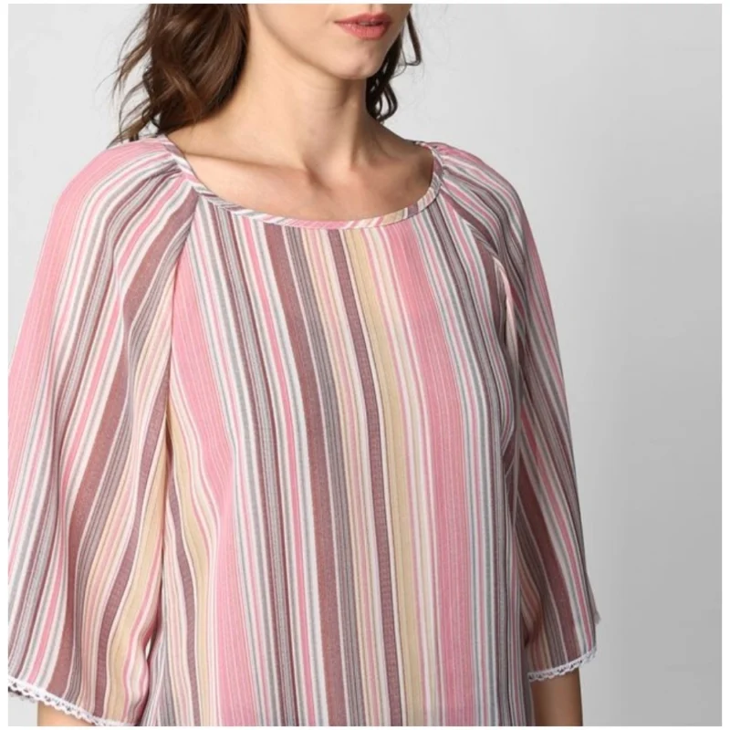 Generic Women's Polyester Striped 3-4th Sleeves Top (Pink) - Image 2