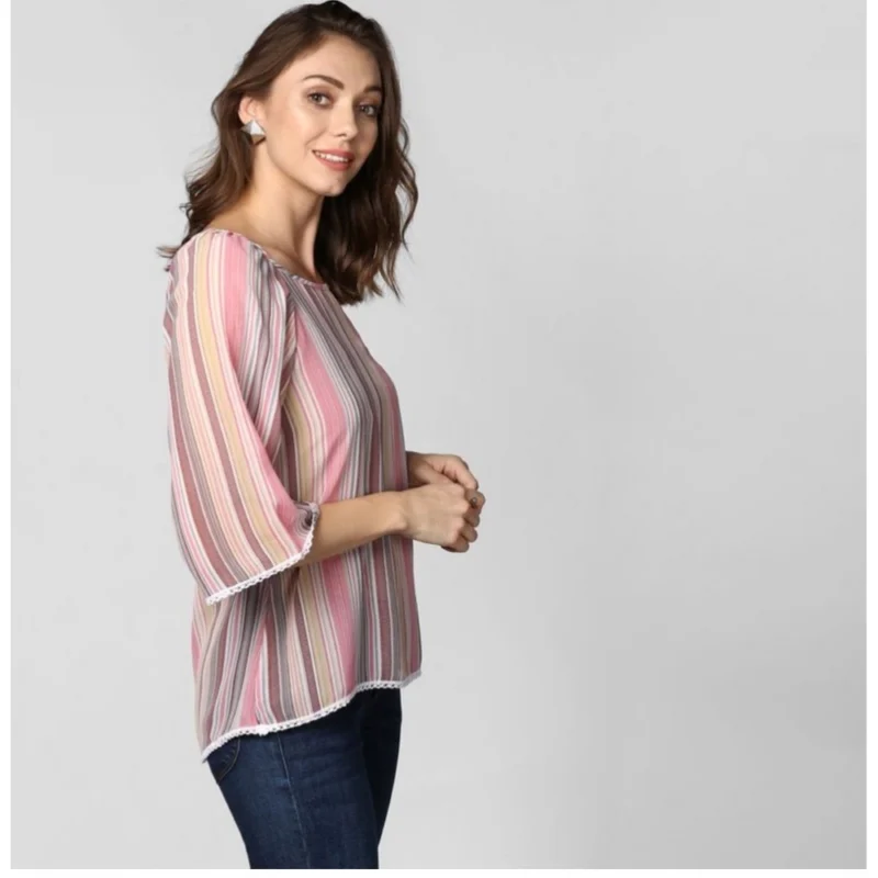 Generic Women's Polyester Striped 3-4th Sleeves Top (Pink) - Image 4