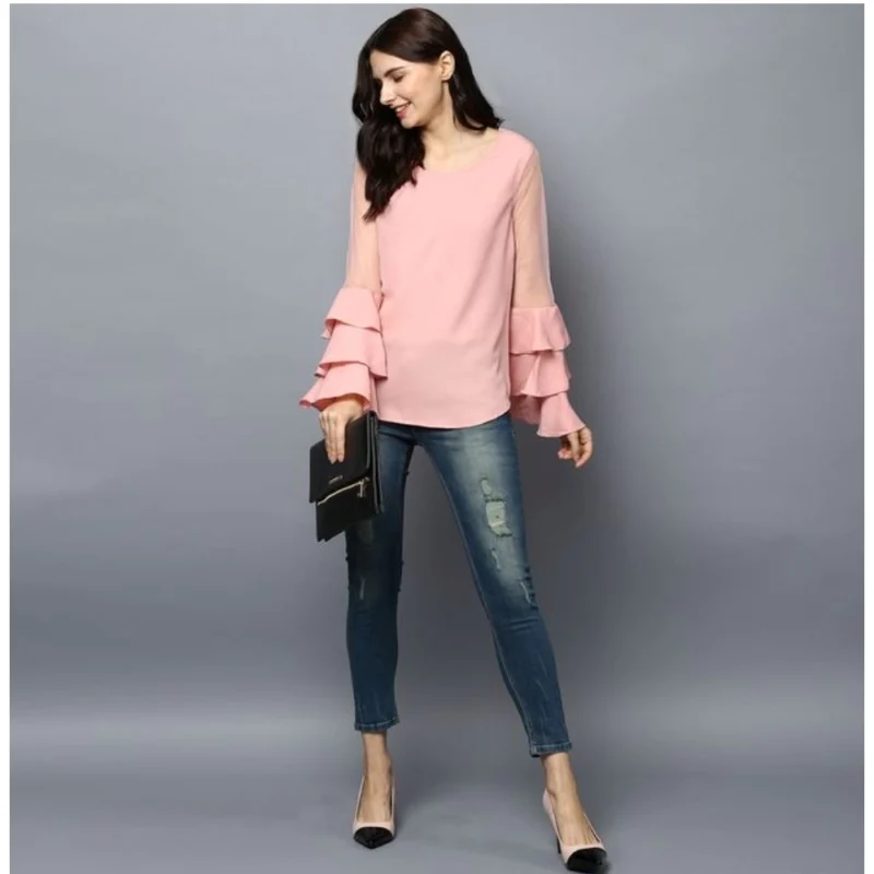 Generic Women's Polyester Solid Tier Sleeve Top (Pink) - Image 6