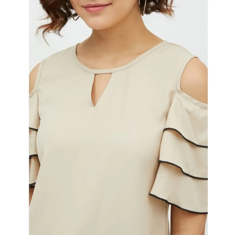 Generic Women's Polyester Tiered Cold Shoulder Top (Beige) - Image 2