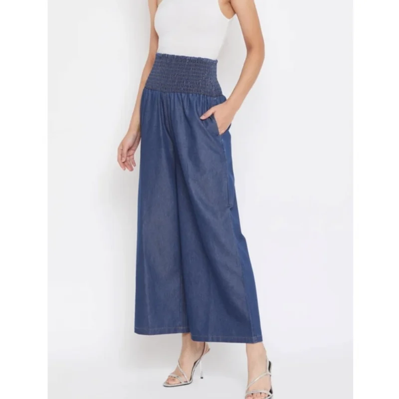 Generic Women's Denim Solid Smocked Trousers (Navy Blue) - Image 3