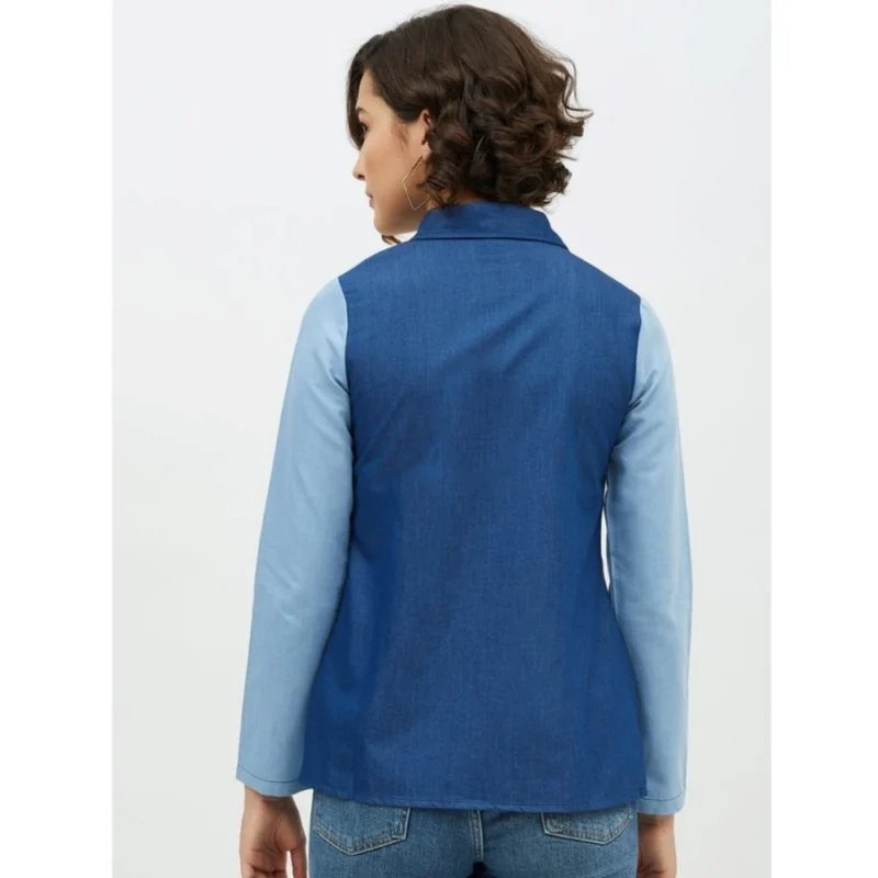 Generic Women's Denim Patch Work Long Sleeves Standard Length Shirt (Blue) - Image 7