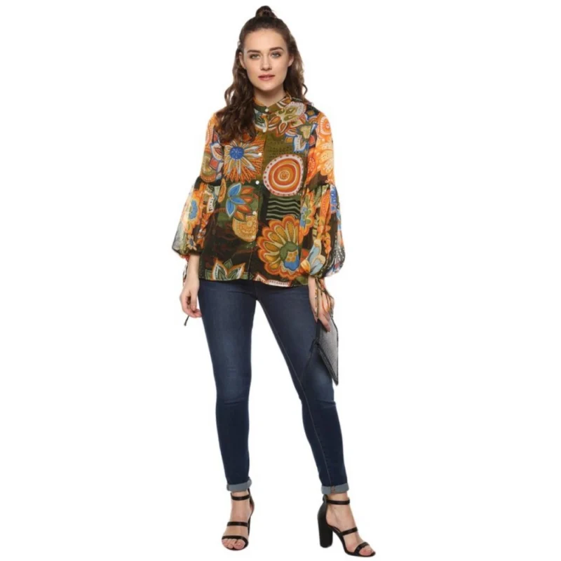 Generic Women's Polyester Floral Balloon Sleeve Top (Mustard - Olive) - Image 6