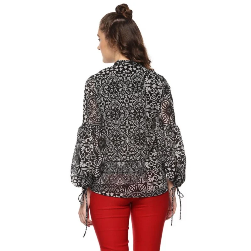 Generic Women's Polyester Printed Balloon Sleeve Top (Black - White) - Image 7