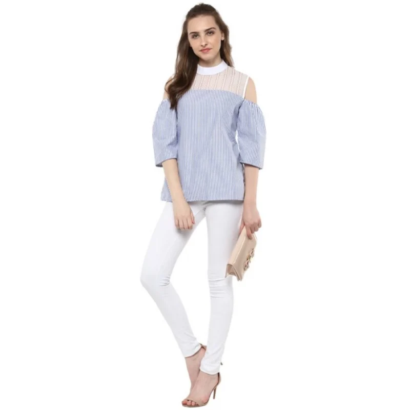 Generic Women's Cotton Striped Cold Shoulder Top (Blue) - Image 6
