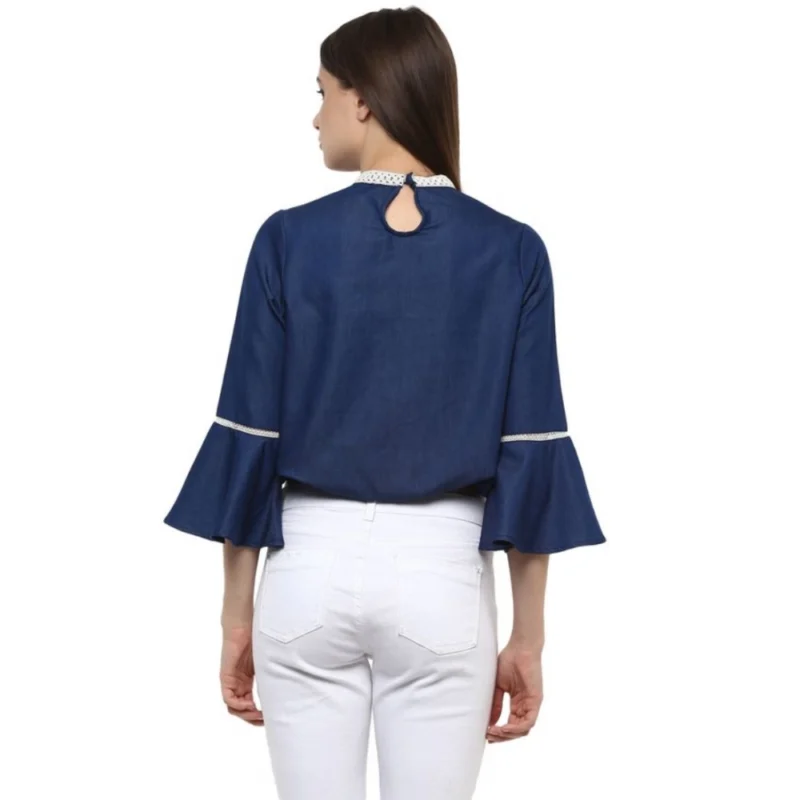 Generic Women's Polyester Solid Bell Sleeve Regular Top (Blue) - Image 6