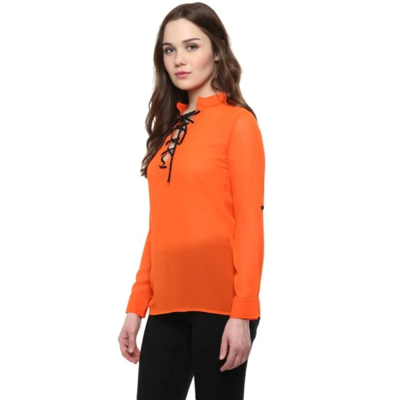 Generic Women's Polyester Solid Long Sleeves Regular Top (Orange) - Image 3