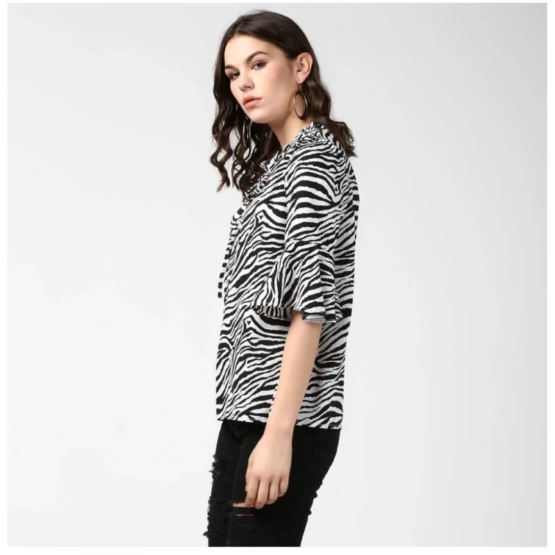 Generic Women's Polyester Animal Print Bell Sleeve Top (Black - White) - Image 3