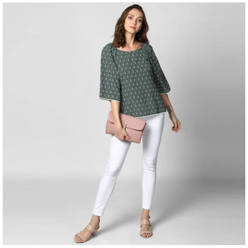 Generic Women's Polyester Printed 3-4th Sleeves Top (Green) - Image 6
