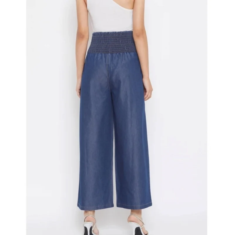Generic Women's Denim Solid Smocked Trousers (Navy Blue) - Image 4