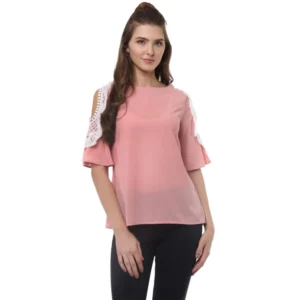 Generic Women's Polyester Lace Inserts Half Sleeve Top (Pink)