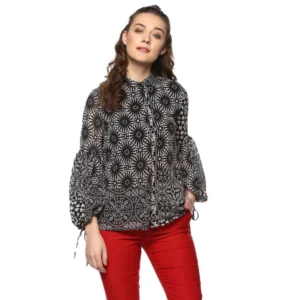 Generic Women's Polyester Printed Balloon Sleeve Top (Black - White)