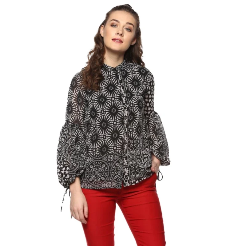 Generic Women's Polyester Printed Balloon Sleeve Top (Black - White)