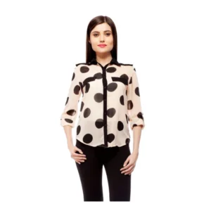 Generic Women's Polyester Polka Roll Up Sleeve Standard Length Shirt (Peach)