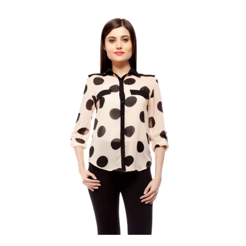 Generic Women's Polyester Polka Roll Up Sleeve Standard Length Shirt (Peach)