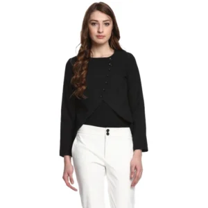 Generic Women's Polyester Diagonal Cut Long Sleeves Blazer (Black)