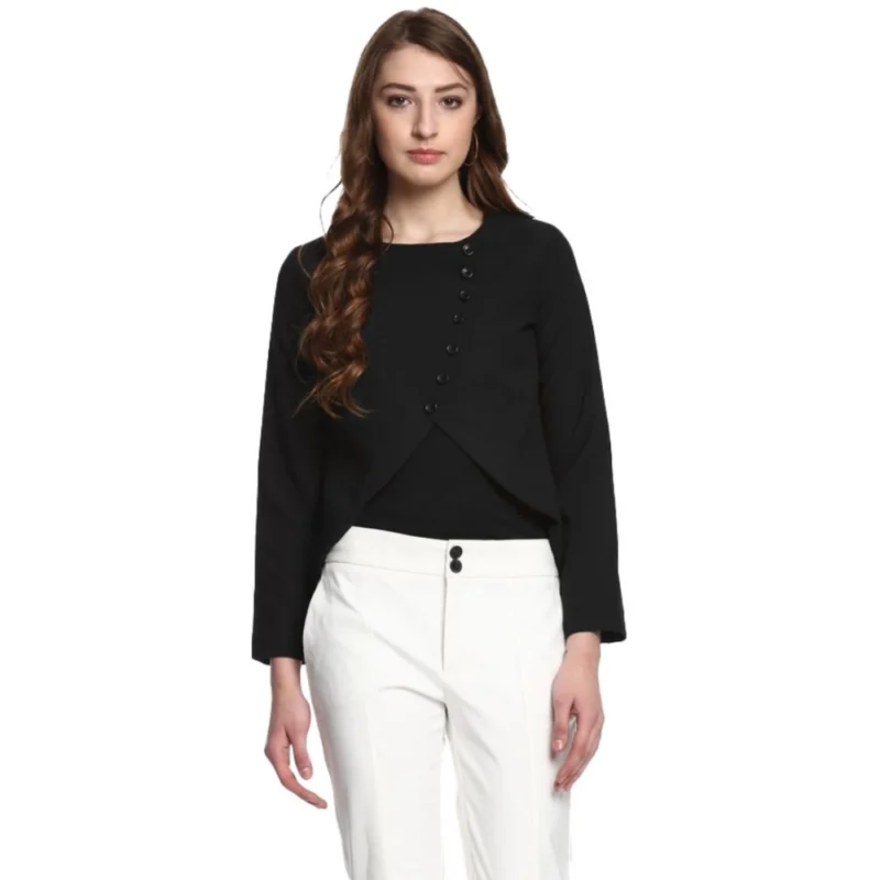Generic Women's Polyester Diagonal Cut Long Sleeves Blazer (Black)