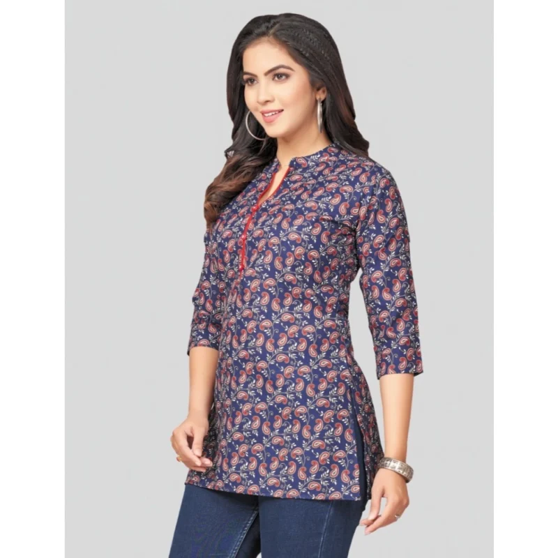 Generic Women's Cotton Blend Mandarin Collar 3/4 Sleeves Short Top (Blue) - Image 2