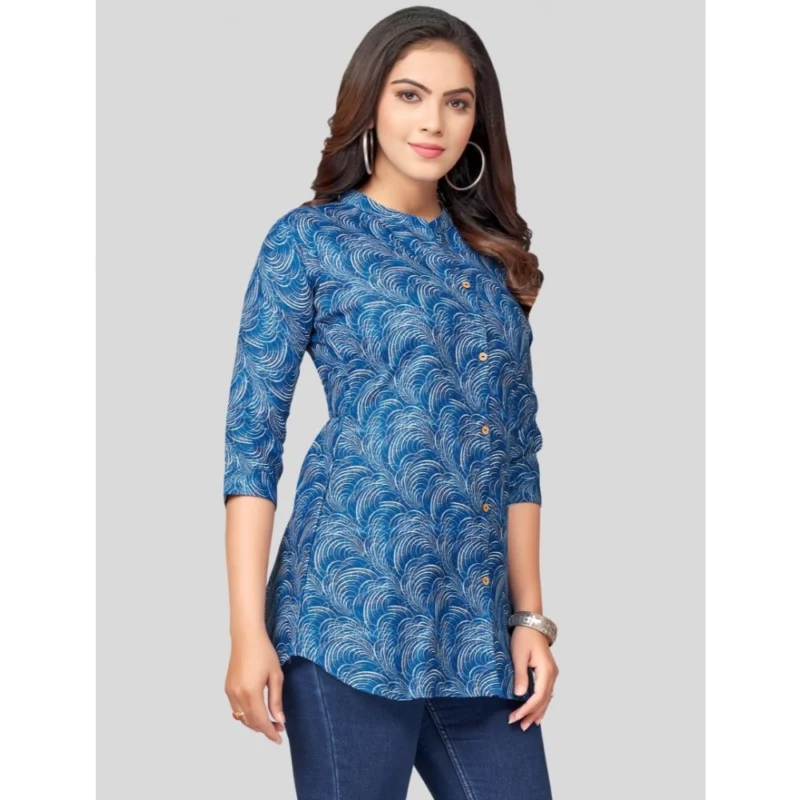 Generic Women's Cotton Blend Mandarin Collar 3/4 Sleeves Short Top (Blue) - Image 5