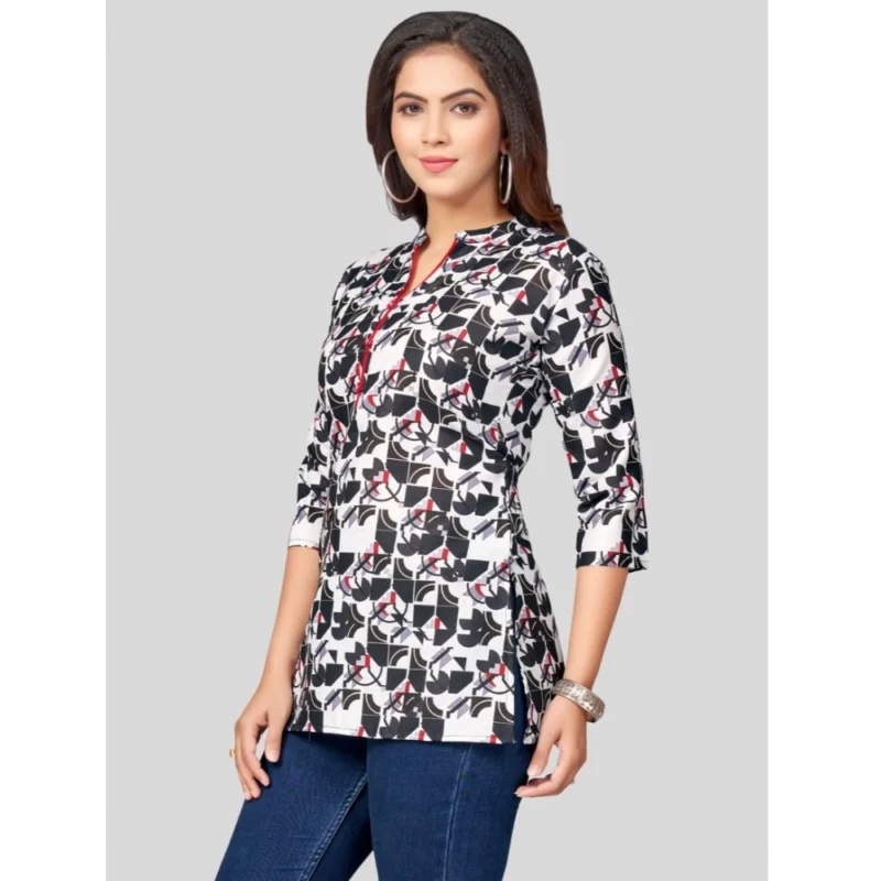 Generic Women's Cotton Blend Mandarin Collar 3/4 Sleeves Short Top (Black-White) - Image 2