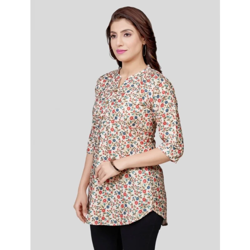 Generic Women's Poly Crepe Mandarin Collar 3/4 Sleeves Short Top (Beige) - Image 2