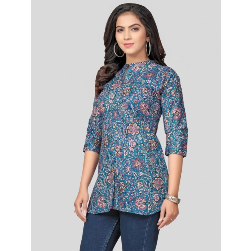 Generic Women's Cotton Blend Mandarin Collar 3/4 Sleeves Short Top (Blue) - Image 2